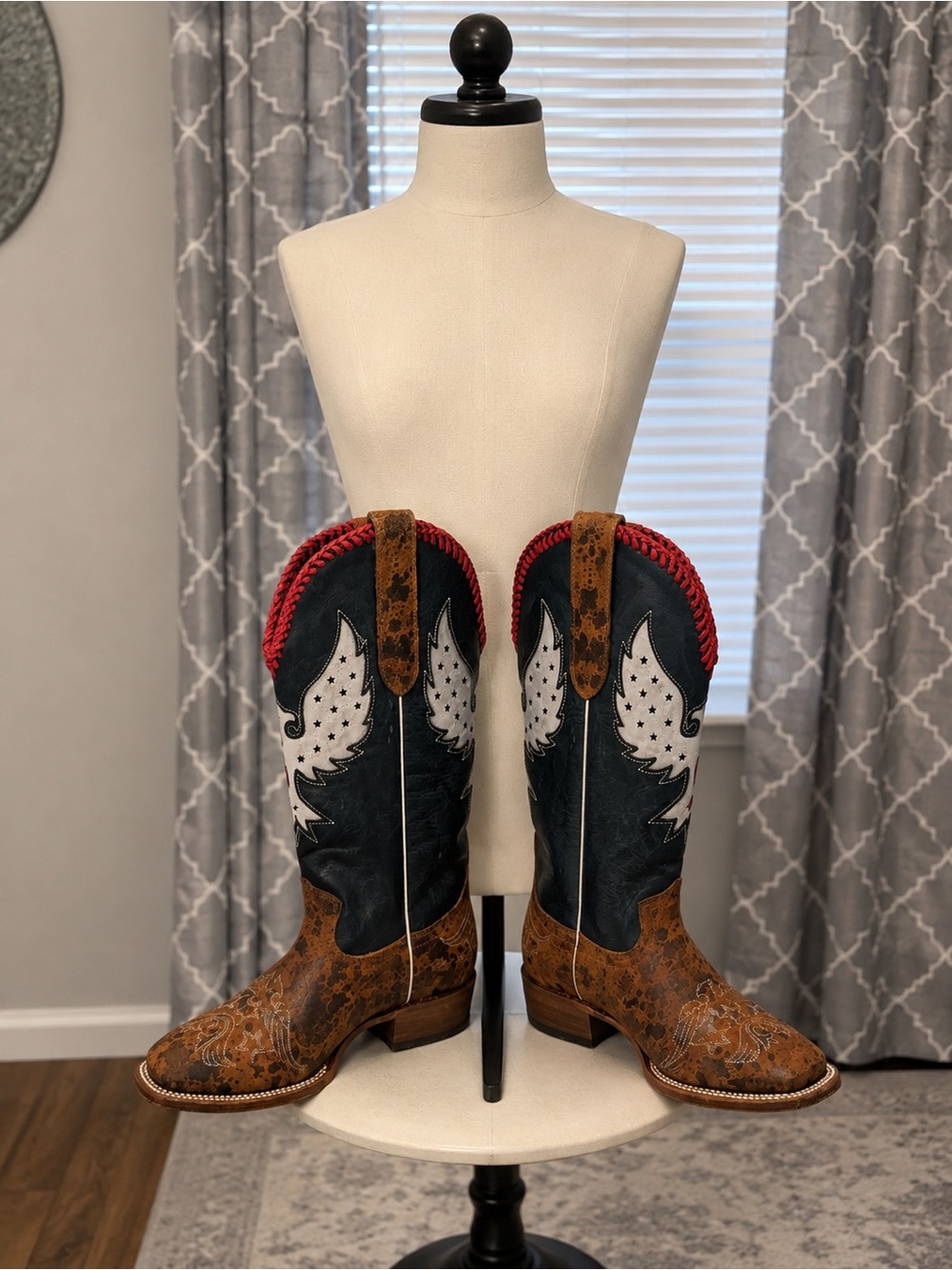 NWOB J.B. Dillon Brown & Blue Two-Tone Western Boots with Red Trim